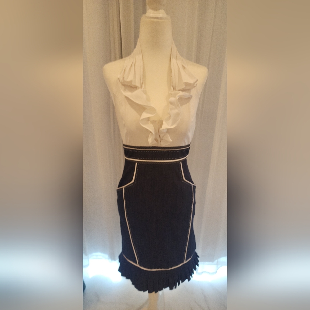Bebe Black and White Ruffled Mini Pencil Dress Halter Neck